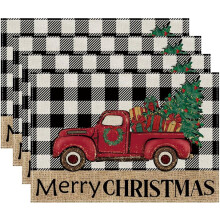 Juego de 4 posavasos navideños con estampado de camión a cuadros de búfalo. Regalo perfecto.