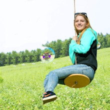 Altalena rotonda in legno per esterni con supporto per albero, alta resistenza.