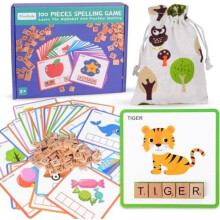 Montessori Alphabet Learning Toy Set for Kids Ages 3-7, Spelling Game with 100 Wooden Letters, 30 Double-Sided Cards & Storage Bag, Educational Gift