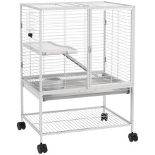 Jaula pequeña para animales con ruedas, 2 niveles con 2 puertas, 1 rampa, 1 estante de almacenamiento, color gris.