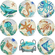 1set/8pcs Ocean Art Painting Coaster Set, DIY Crafts with Bracket, Adult Anti Slip Coaster Art Supplies Gift