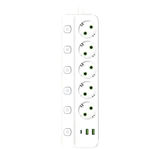 EU Plug Electrical Socket 5 AC Outlets 2 USB  1 Type C Socket Adapter 2M Power Strip Safety and Fire Prevention
