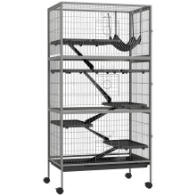Cage multifonctionnelle pour rongeurs avec 4 plateformes, 3 rampes et 4 portes. Acier gris argenté/noir.