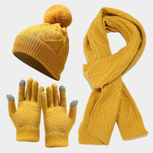 (Yellow) 3pcs Women Winter Thick Warm Knit Hat Scarf And Touchscreen Gloves Knitted Set