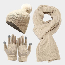 (Khaki) 3pcs Women Winter Thick Warm Knit Hat Scarf And Touchscreen Gloves Knitted Set