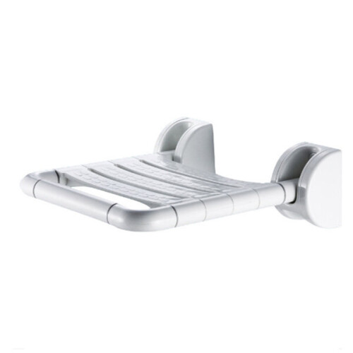 Wall-mounted folding shower seat with non-slip surface, space-saving