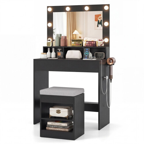 Costway 80 cm Makeup Vanity Desk Set with LED Bulbs Mirror And Stool 2