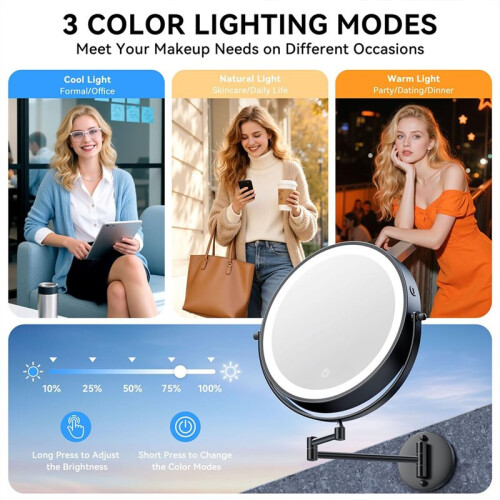 Wall Mounted Lighted Makeup Mirror, Rechargeable Double-Sided Magnifying Mirror with 3 Color LED, 360 Rotation 2