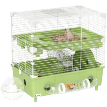 Jaula de dos niveles para hámsteres enanos con rueda para correr y baño de arena.