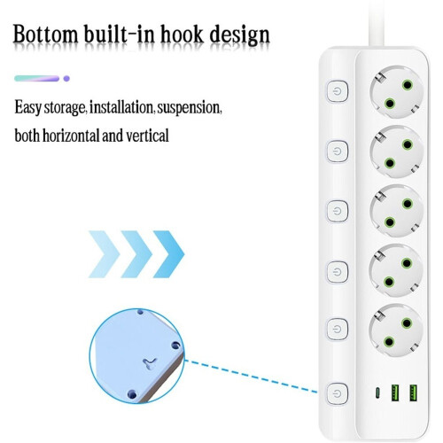 EU Plug Electrical Socket 5 AC Outlets 2 USB  1 Type C Socket Adapter 2M Power Strip Safety and Fire Prevention 2