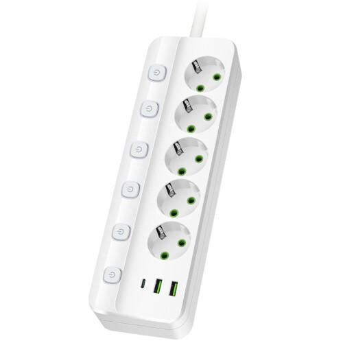 EU Plug Electrical Socket 5 AC Outlets 2 USB  1 Type C Socket Adapter 2M Power Strip Safety and Fire Prevention