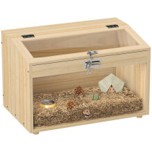 Jaula de madera para hámster y ratón con tapa abatible, ventana acrílica y efecto madera natural.