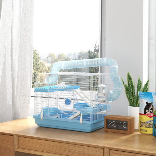 Cage portable pour hamster avec maisonnette, roue d'exercice, gamelle, biberon, bleu clair 2