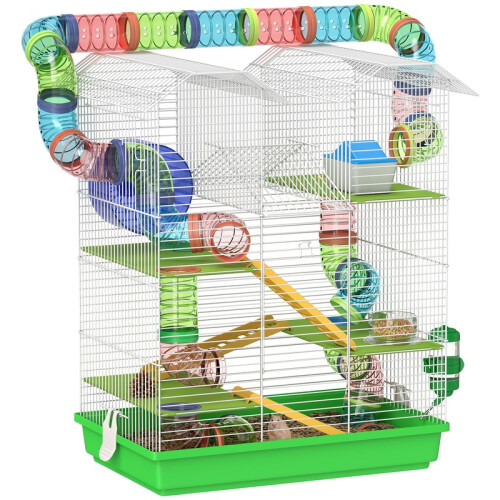 Gaiola para hamsters, ratos e pequenos roedores com túnel, comedouro, roda e brinquedo, verde.