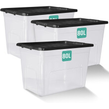 Klass Home Collection 3 x 80 Litre Large Plastic Storage Boxes With Lids - Heavy Duty Stackable 80L Large Storage Box With Lid, Big Plastic Containers