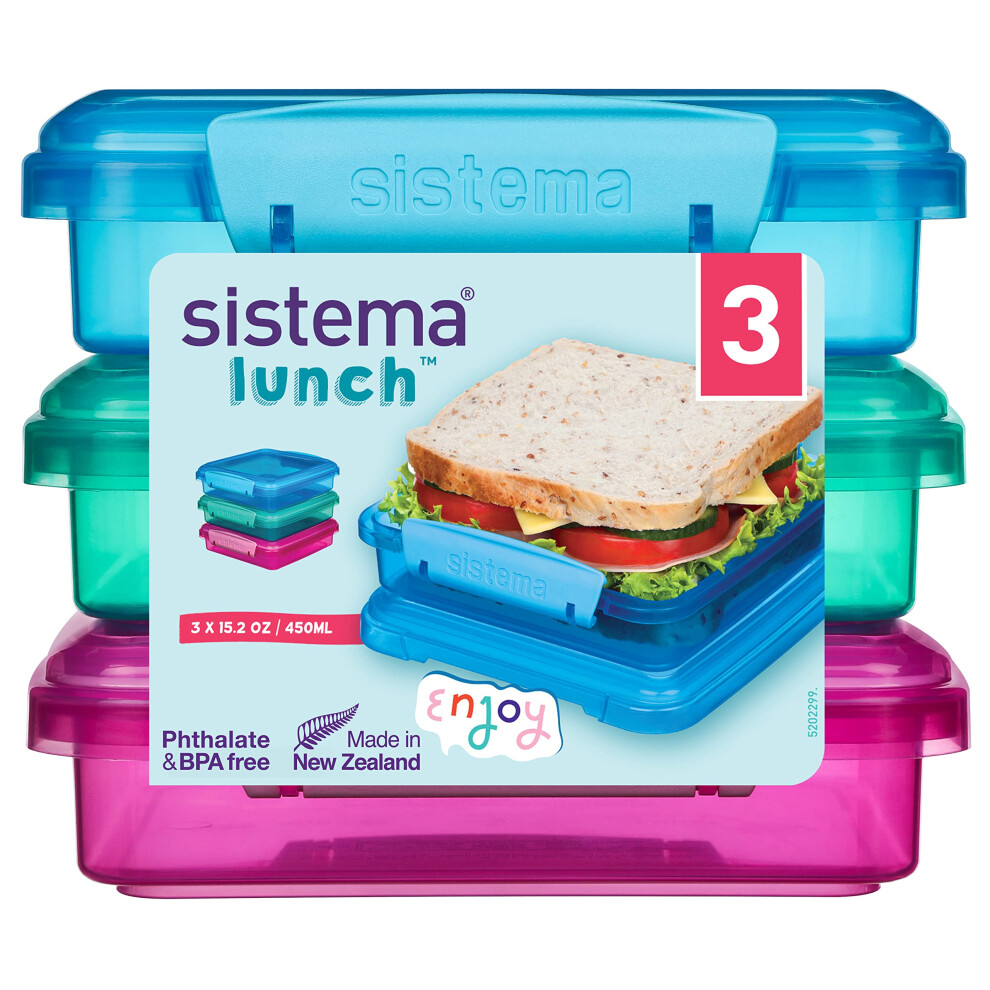 Sistema Lunch Sandwich Boxes | 450 Ml | Airtight School Lunch Boxes | Assorted Colours | 3 Count