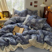 Guchuang King Size Duvet Cover Set Blue Ruffled Bedding Set Soft Microfibe