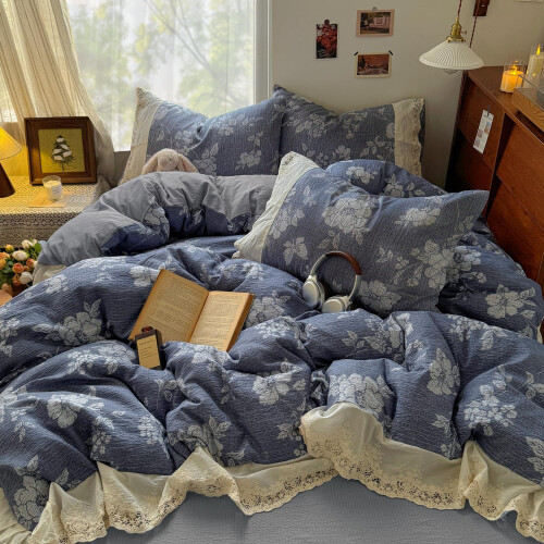 Guchuang King Size Duvet Cover Set Blue Ruffled Bedding Set  Soft Microfibe