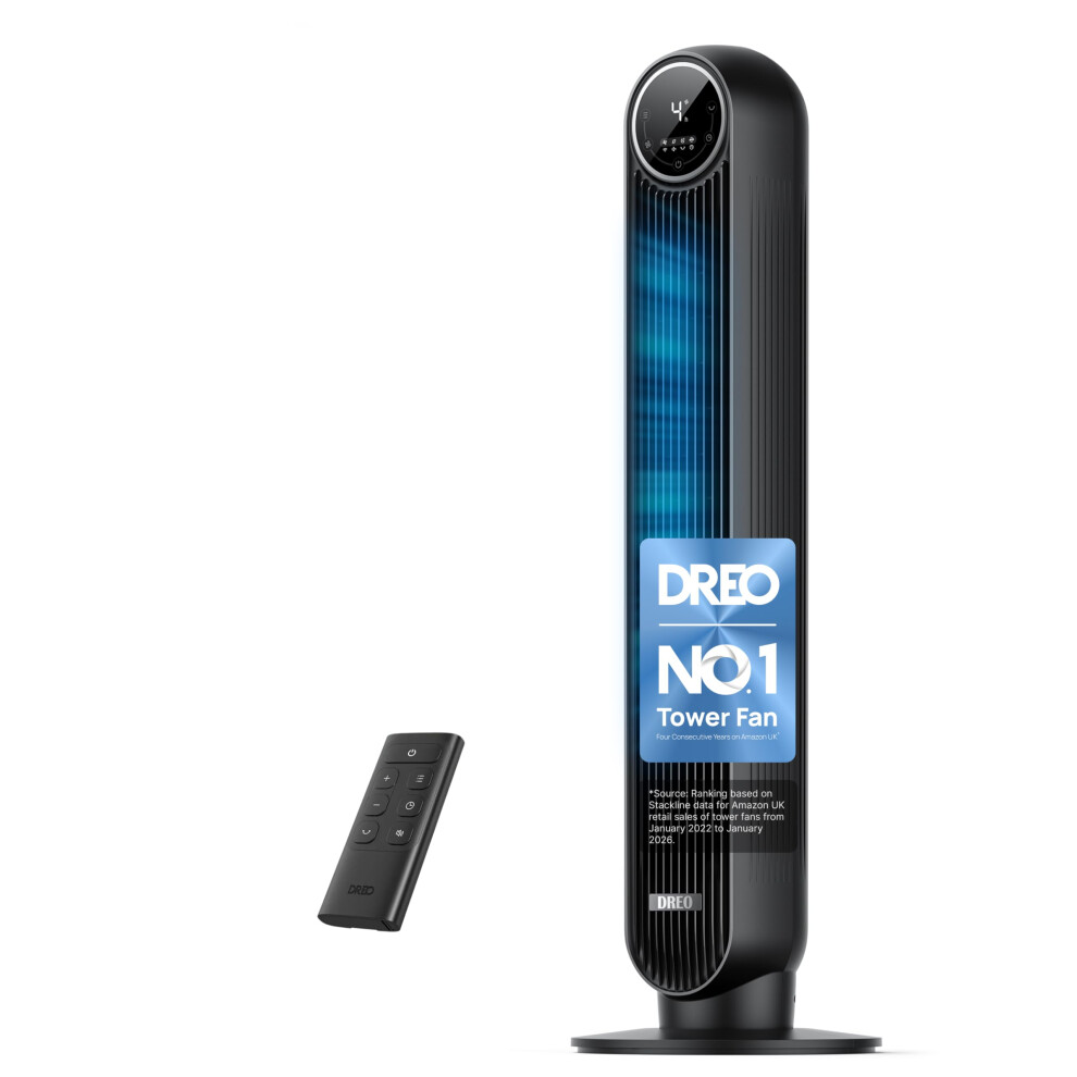 Dreo 20Db Silent Tower Fan, 28 Ft/S Velocity Electric Cooling Fan With Remote, 90 Oscillating 8 Speeds 4 Modes 8H Timer Led Display, 220-240V, Black