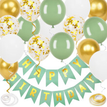 Happy Birthday Banner, Green Birthday Decoration, 16 Pcs 12in Happy Birthday Balloons with 2 Ribbons for Men Women Girls and Boys Birthday Party Deco