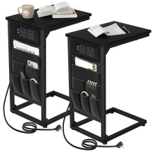 AMHANCIBLE CShaped Side Table with Charging Station 2 USB AC Outlets Coffe