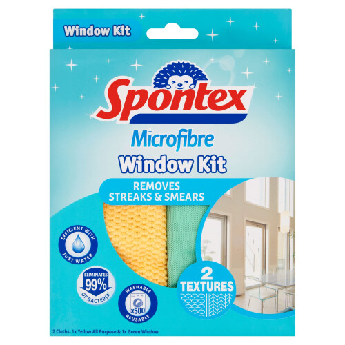 Spontex Microfibre Window Kit - 2 Wipes - Efficient with Just Water