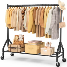 EAGMAK Heavy Duty Clothes Rail Load 180 KG, 150 cm Rolling Garment Rail with Lockable Wheels, Standing Metal Clothing Rack