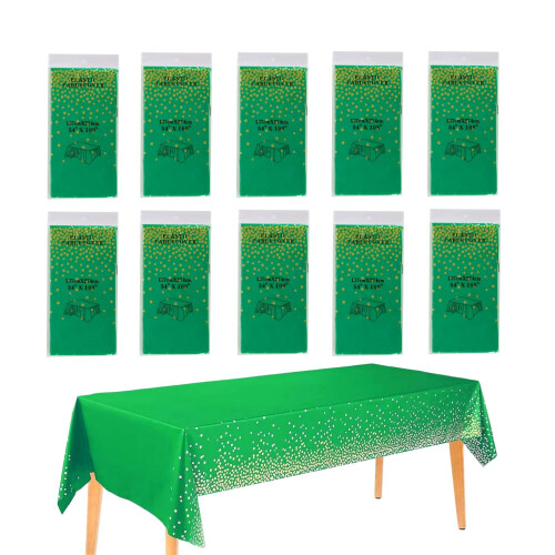CEILIWEN 10 Pack Rectangular Plastic Tablecloths  Green  Gold Party Table C