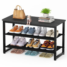 SIMPDIY Shoe Rack 3 Tier Shoe Storage Shoe Bench Storage with Seat Bla