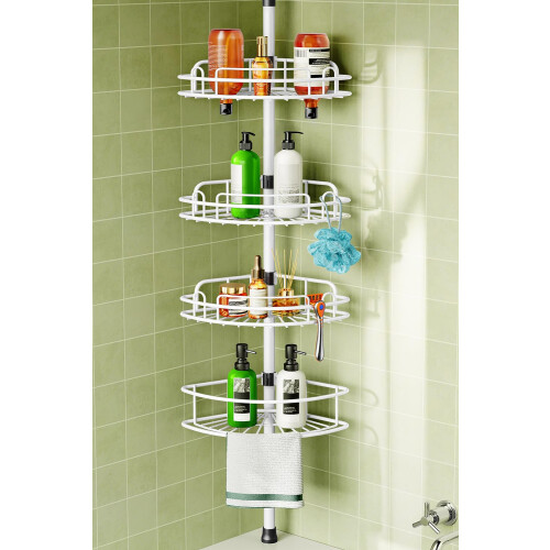 HAMITOR Corner Shower Caddy Tension Pole Rustproof Bathroom Organizer Shelv