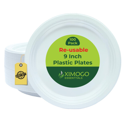 XIMOGO Reusable Plastic Plates 100 Count