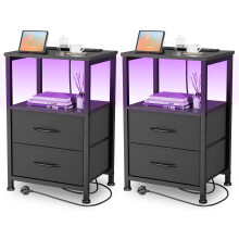Yornoli Set of 2 Bedside Table with Charging Station 40cm Wide Bed Side Table for Bedroom with Fabric Drawers Small End Tables with Led Lights for