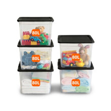 ORGANIZED Plastic Storage Boxes with Lids 80L - Pack of 5 | Large Clear Stackable Storage Containers with Black Lids, Heavy Duty Strong Durable Tubs