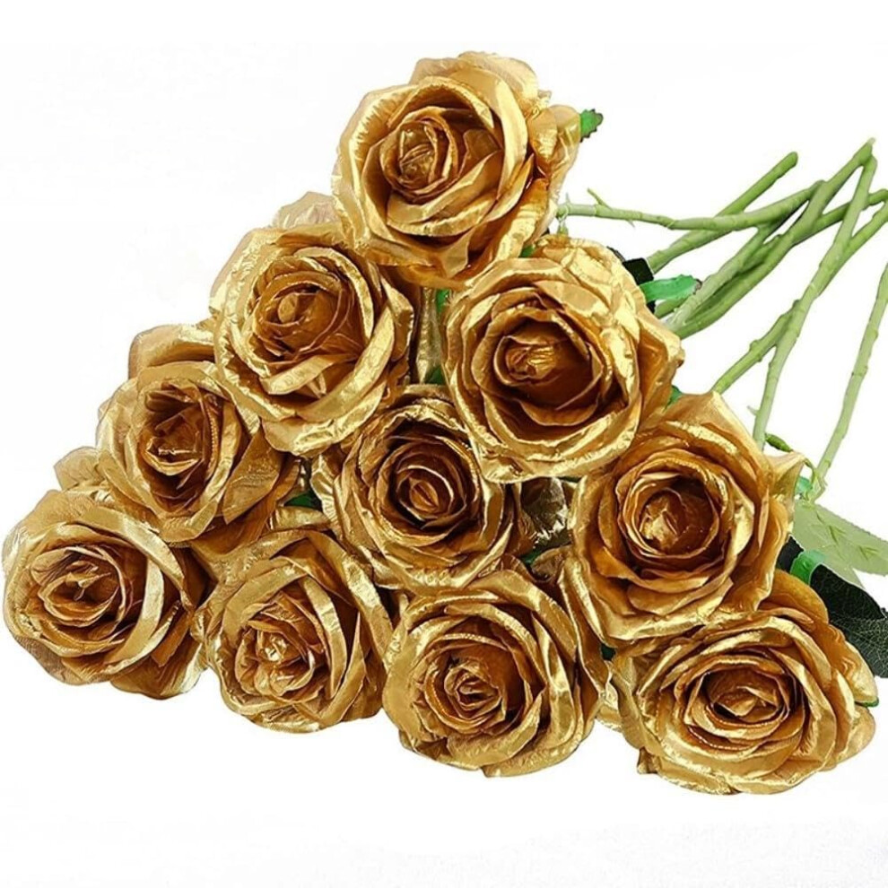 10 Pcs Artificial Roses Gold Fake Roses Artificial Flowers with Stems Fake