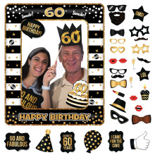 POPOYU 60th Birthday Decor Ladies MenBlack Gold Inflatable Selfie Frame34Pc