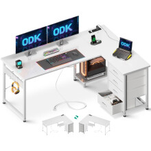 ODK Corner Desk with Drawers, L Shaped Computer Desk, 135 x 100 cm, White