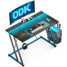 ODK Gaming Desk with LED Lights, Gaming Table with Cup Holder and Headphone Hook, Double Z Frame Design Computer Desk, Carbon Fiber Black 100 cm
