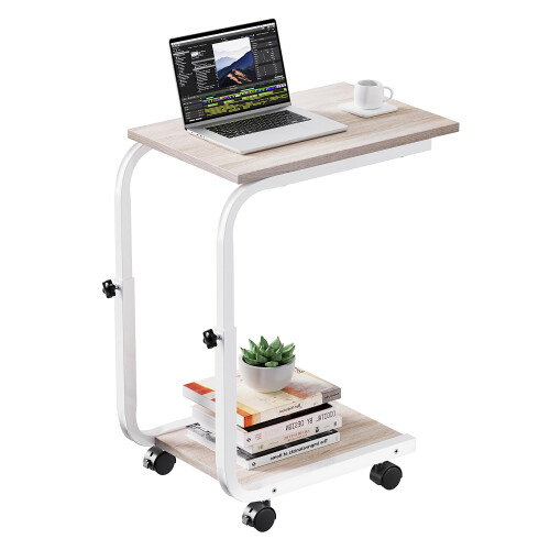 SIMPDIY Side Table Height Adjustable Coffee EndBedside Table with 4 Wheels