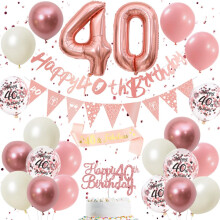 40th Birthday Decorations Retro Pink Rose Gold - Double Digits 40 Party Supplies Set for Women, birthday Banner, Pennant Flags, Cake Topper, Balloon