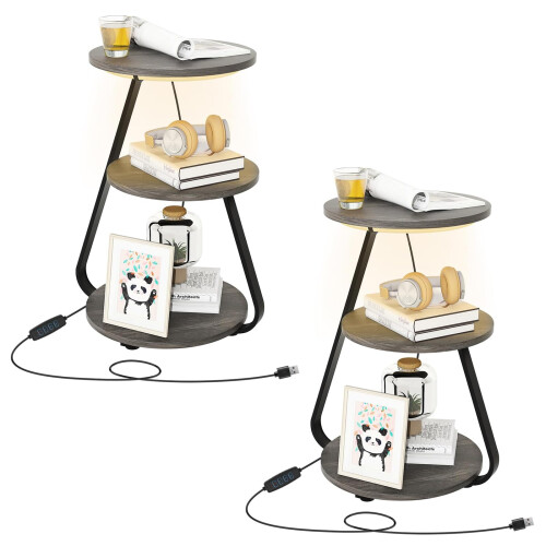 ARTETHYS Side Table Set of 2 Bedside Small Coffee Table with 3 Color LED Li