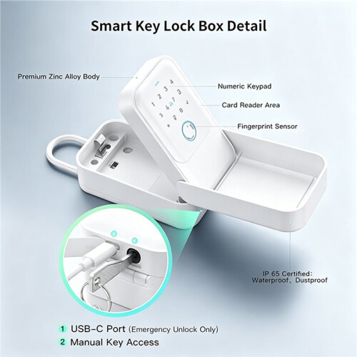 Key Lock Box,  Lock Box with Fingerprint & Passcode & Access Card & Key & APP Control, White 2
