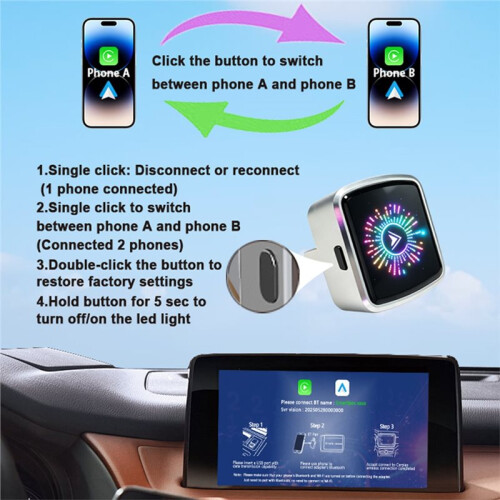 RGB Colorful Light Intelligent Button Switching Wireless CarPlay Box Android Auto Car Interconnect Adapter 2