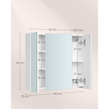 VASAGLE BBK22WT Bathroom Wall Cabinet with Mirror 3 Door Storage Unit 60 x