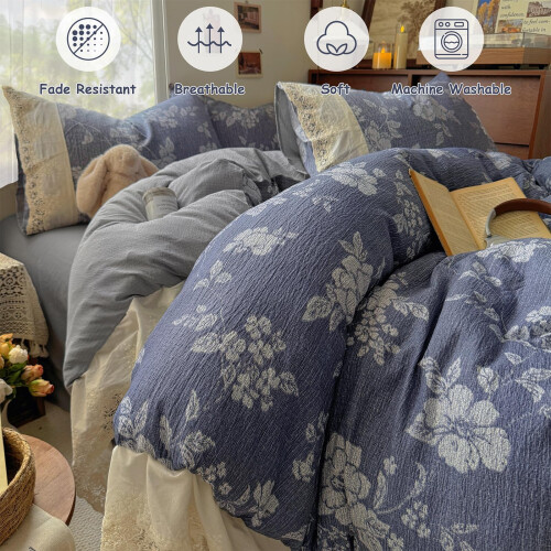 Guchuang King Size Duvet Cover Set Blue Ruffled Bedding Set  Soft Microfibe 1