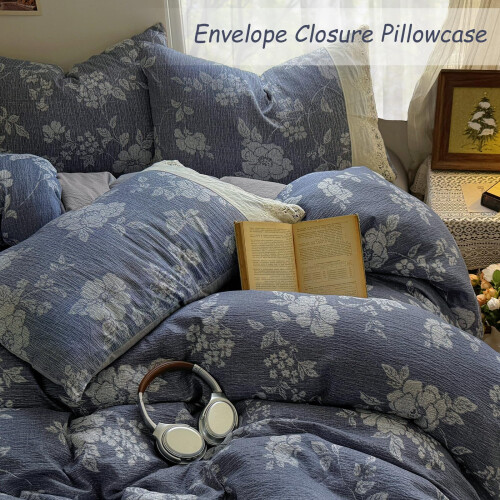 Guchuang King Size Duvet Cover Set Blue Ruffled Bedding Set  Soft Microfibe 2