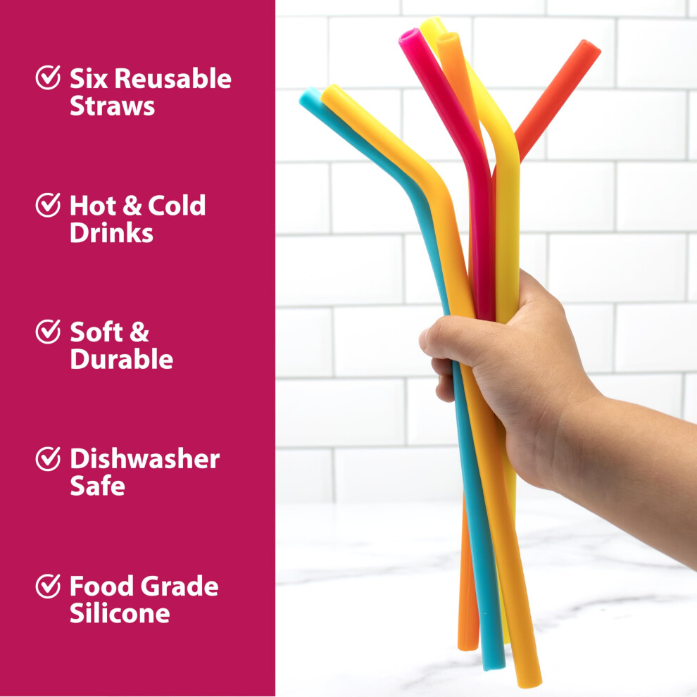 Joie Reusable Silicone Straws, Set Of 6 With Cleaning Brush, Rainbow, 6 Count