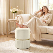 HOMCOM Round Pouffe Storage Footstool with Hidden Space, Beige