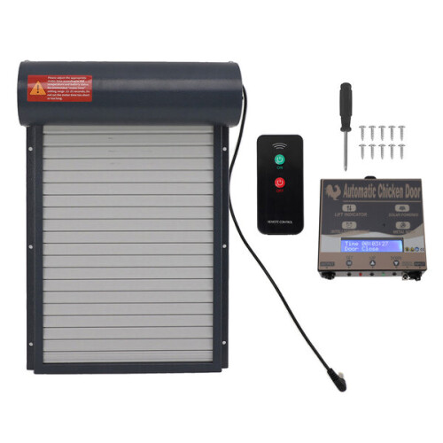 Abrepuertas automático gris para gallinero con temporizador programable.