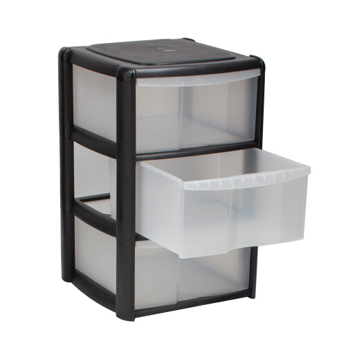 3 Drawer Plastic Storage Tower Unit, Black & Clear - Tontarelli 1