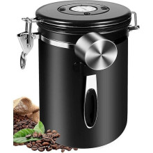 Sealed stainless steel coffee container with date marker and spoon